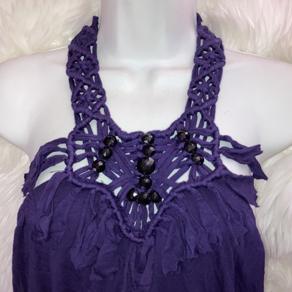 BEBE Purple Braided Fringe Beads Halter Top Shelf Bra Top M - Picture 2 of 16